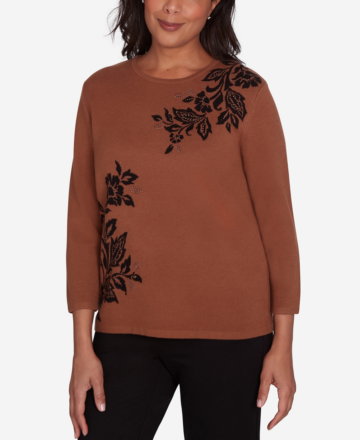 Alfred Dunner Women's Rue Rivoli Floral Embroidery Top with Three Quarter Sleeves