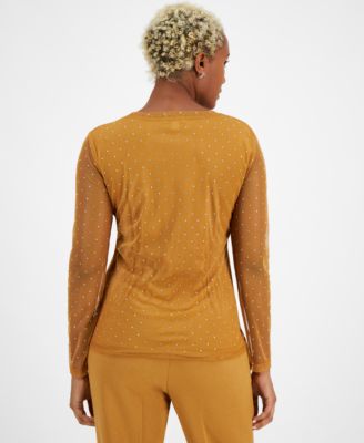 Bar III Women's Dewdrop-Embellished Long-Sleeve Mesh Top, Created for Macy's 
