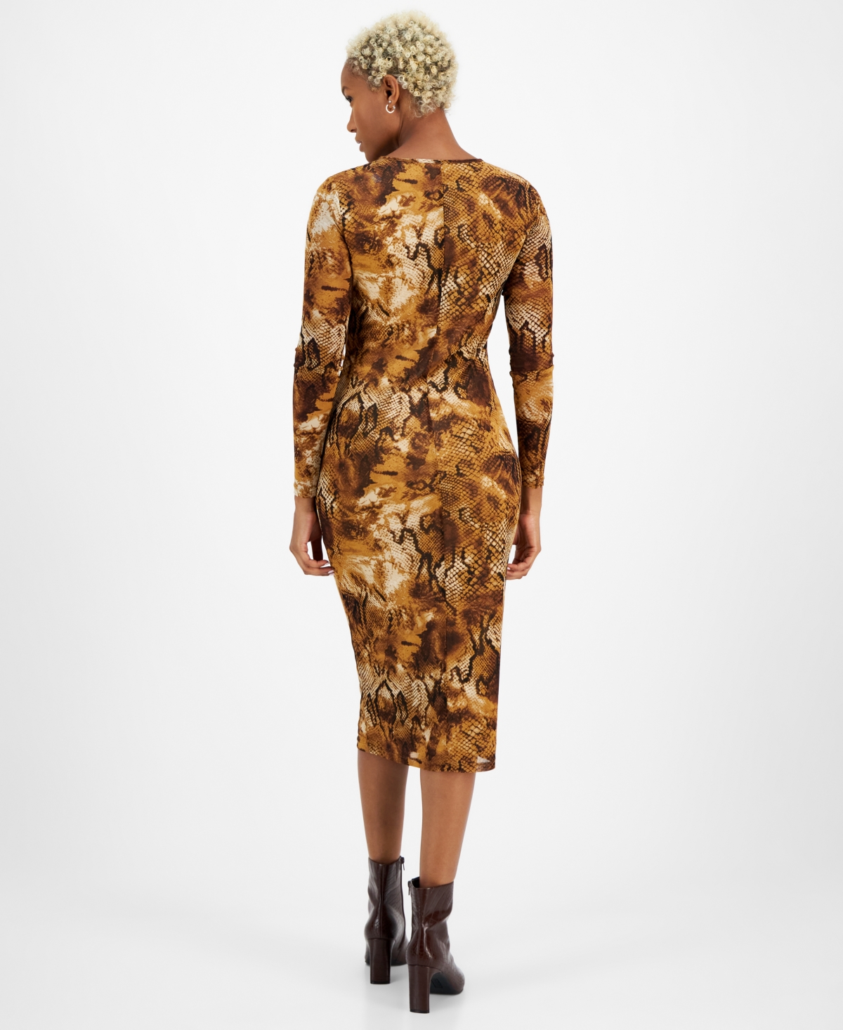 Bar Iii Women's Printed Round-Neck Long-Sleeve Midi Dress, Created for Macy's