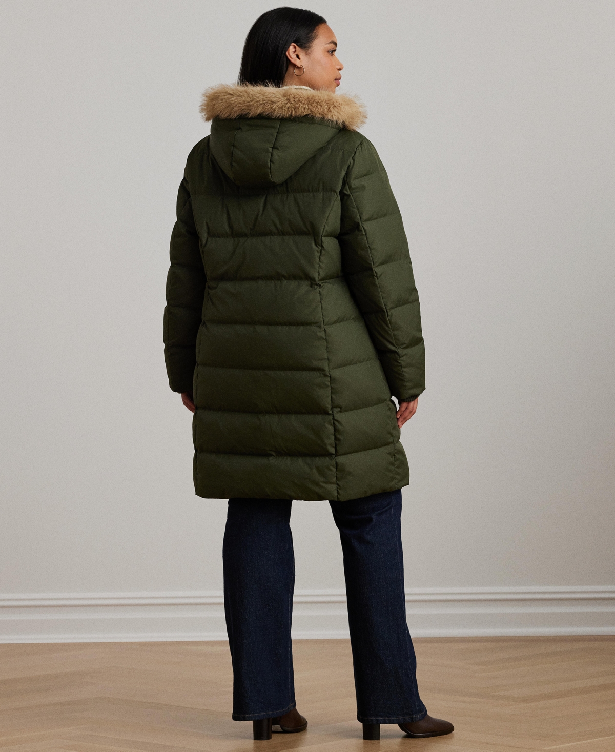 Ralph Lauren Plus Size Faux-fur-trim Hooded Puffer Coat In Green