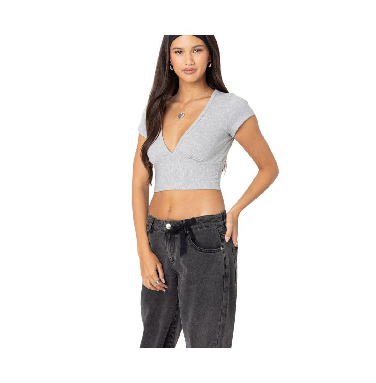 Edikted Women's Deep V neck Crop Top top - Gray-melange