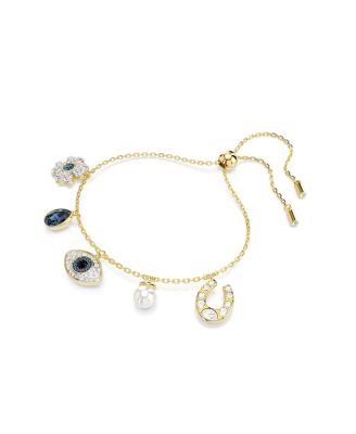 Clover, Evil Eye and Horseshoe, Blue, Gold-Tone Plated Symbolica Bracelet