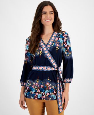 JM Collection - Women's Camille Bouquet Faux-Wrap Top