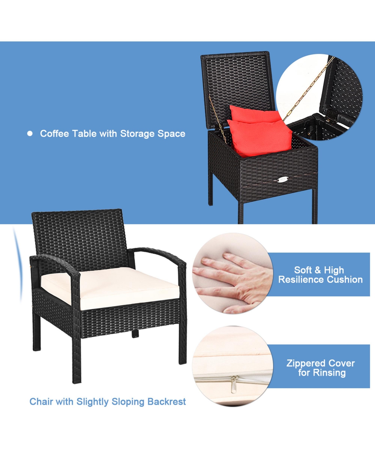 Gymax 3PCS Rattan Patio Conversation Set Outdoor Furniture Set w/ Storage Table