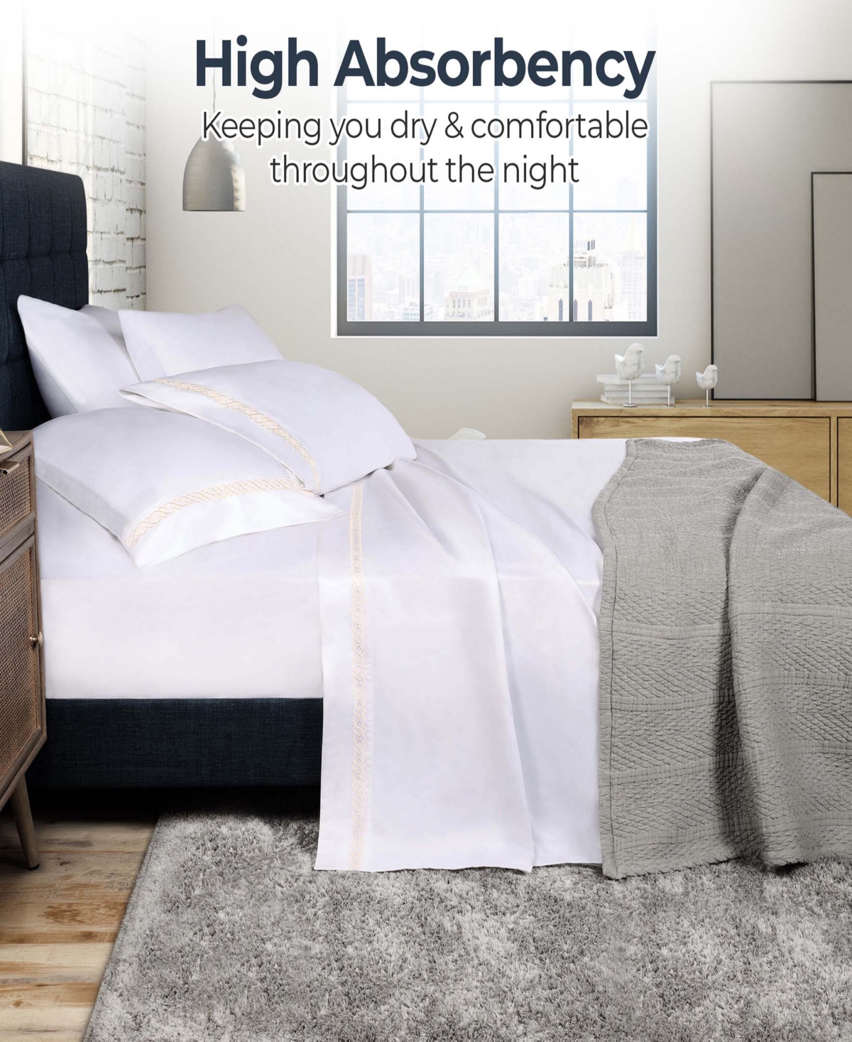 Superior Egyptian Cotton 1000 Thread Count Embroidered Bed Sheet Set, - White-charcoal