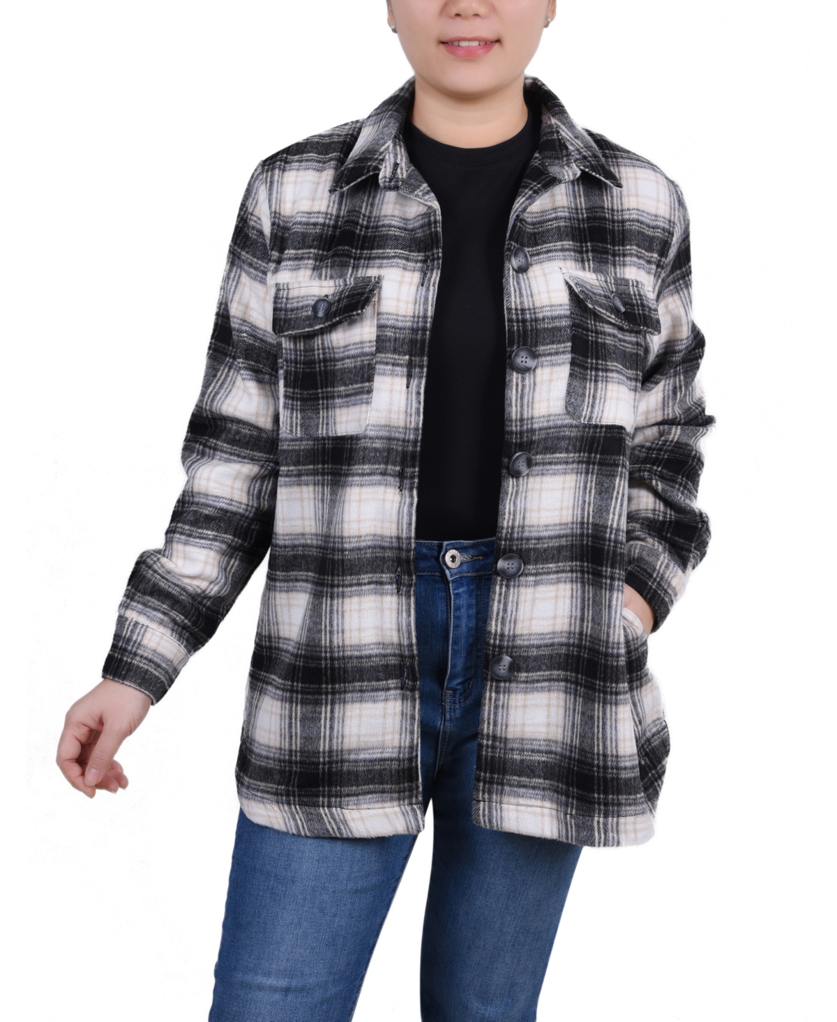 Ny Collection Long Sleeve Twill Shirt Jacket In Black Plaid