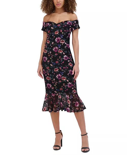 women's off-the-shoulder printed floral lace midi dress