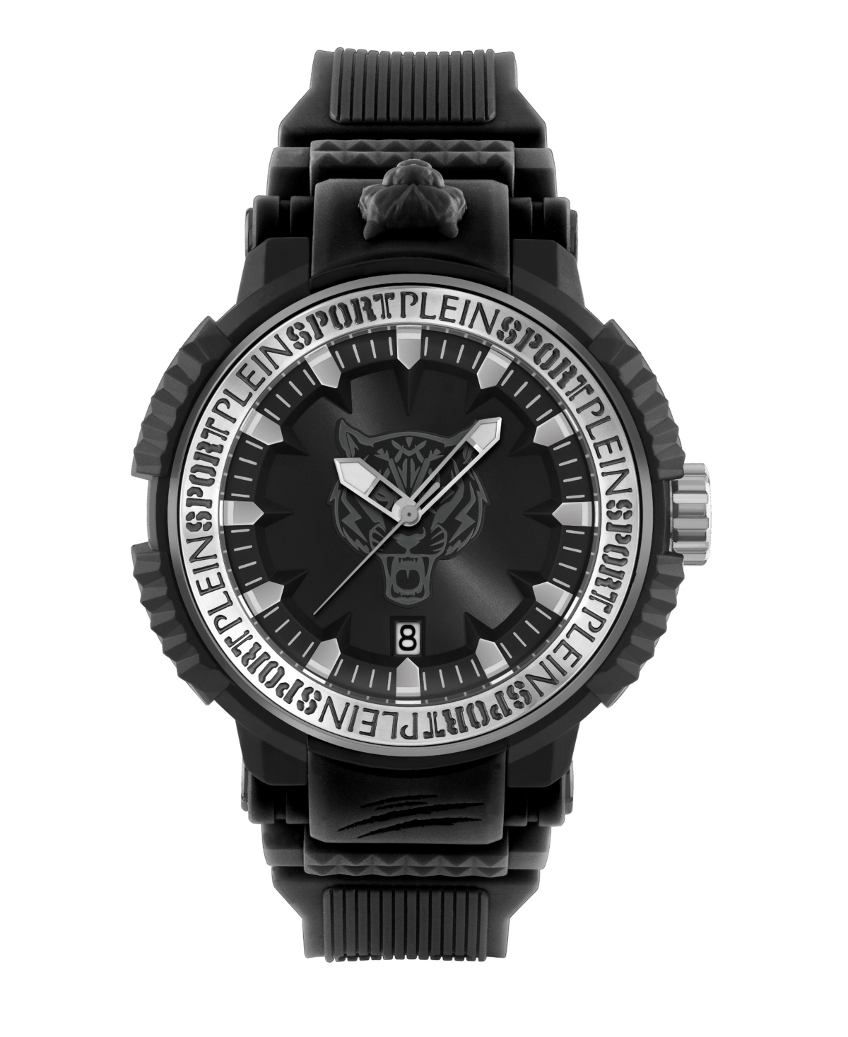 Shop Plein Sport Men's Tiger Power 3 Hand Date Quartz Black Silicone Strap 45mm