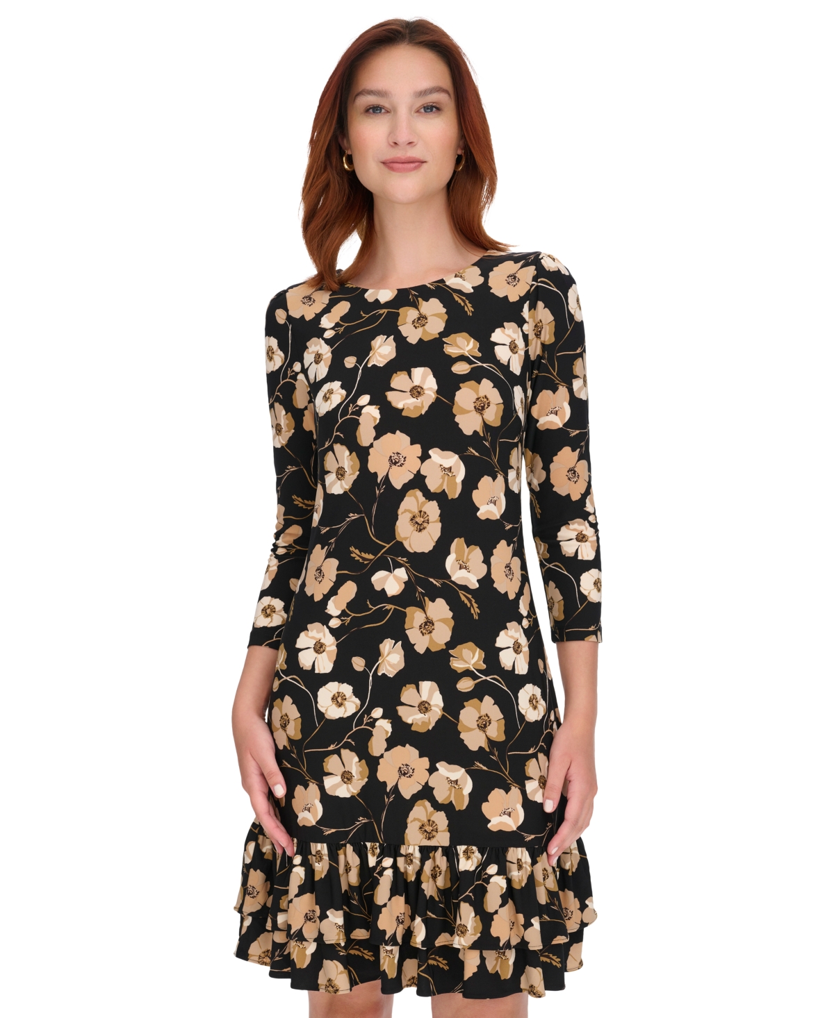 Tommy Hilfiger Petite Printed Round-Neck Ruffle-Hem Shift Dress