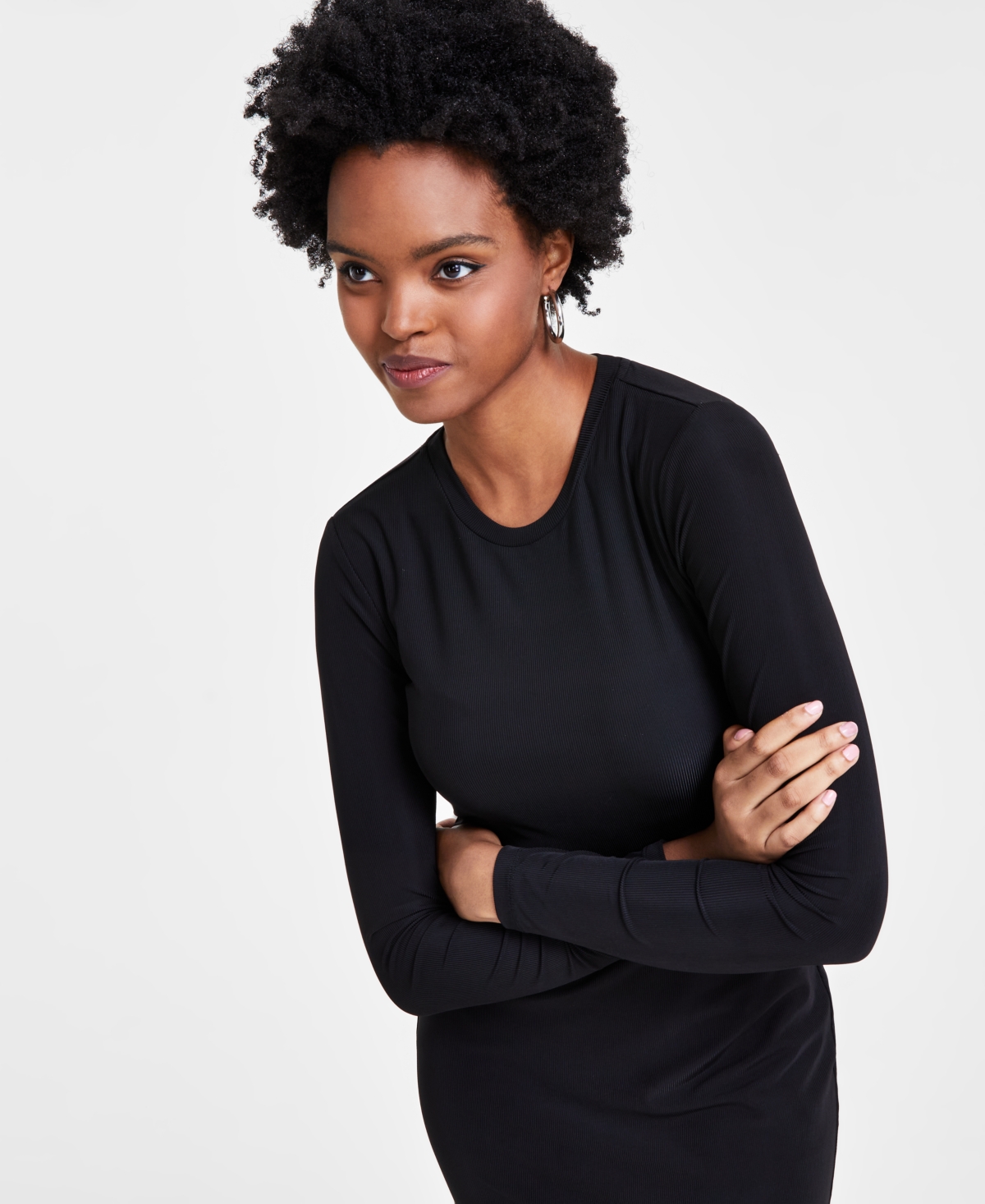 Bar Iii Women's Baby Ribbed-Knit Long-Sleeve Midi Dress, Created for Macy's