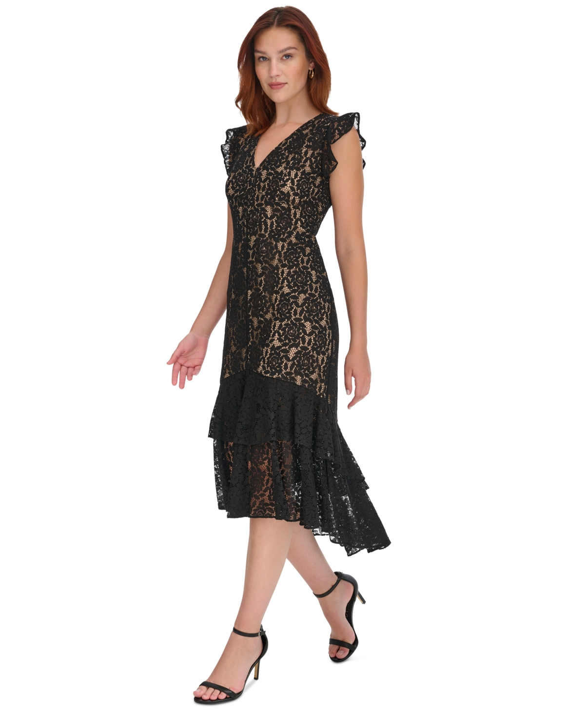 Tommy Hilfiger Women's V-Neck Ruffle-Trim Lace Dress