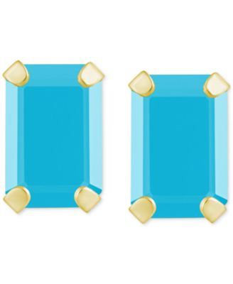 Turquoise Emerald-Cut Solitaire Four Prong Stud Earrings in 14k Gold
