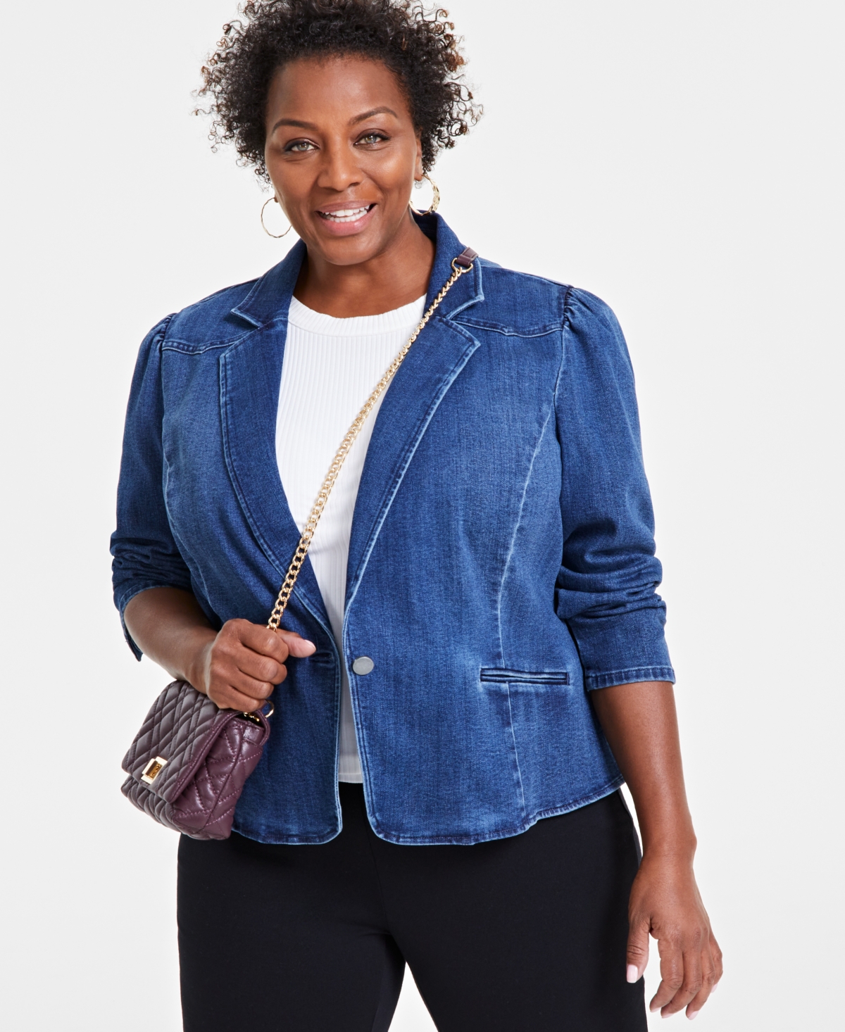 I.n.c. International Concepts Plus Size Puff-Sleeve Denim Blazer, Created for Macy's