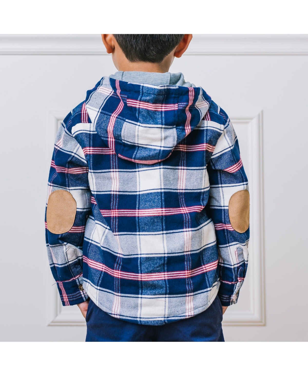Hope & Henry Boys Long Sleeve Hooded Flannel Shirt Jacket - Large navy and ivory plaid