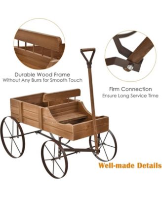 Wooden Wagon Plant Bed with Metal Wheels for Garden Yard Patio