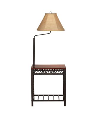 Travata Rustic Vintage Floor Lamp with End Table 54" Tall Bronze Scrollwork Swing Arm Burlap Fabric Empire Shade for Living Room Reading
