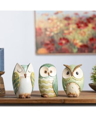 Set of 3 Terra Cotta Owl Figurines for Rustic Home Decor