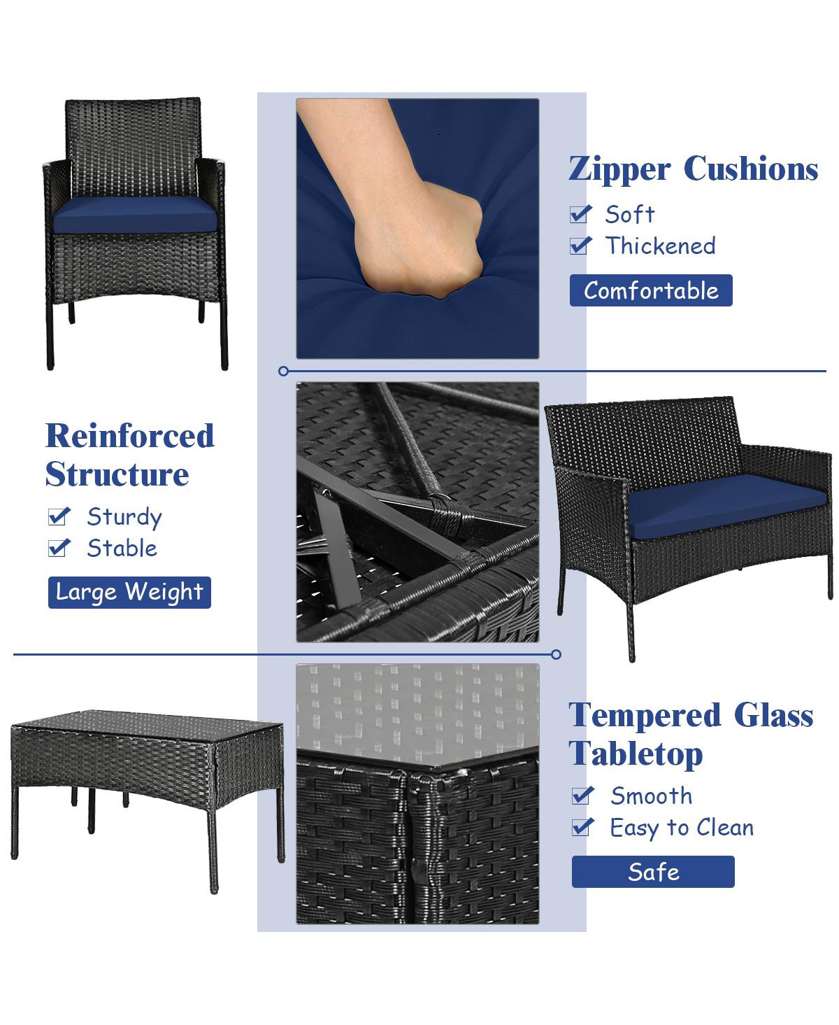 Sugift 4 Pieces Patio Rattan Cushioned Sofa Set with Tempered Glass Coffee Table- Navy