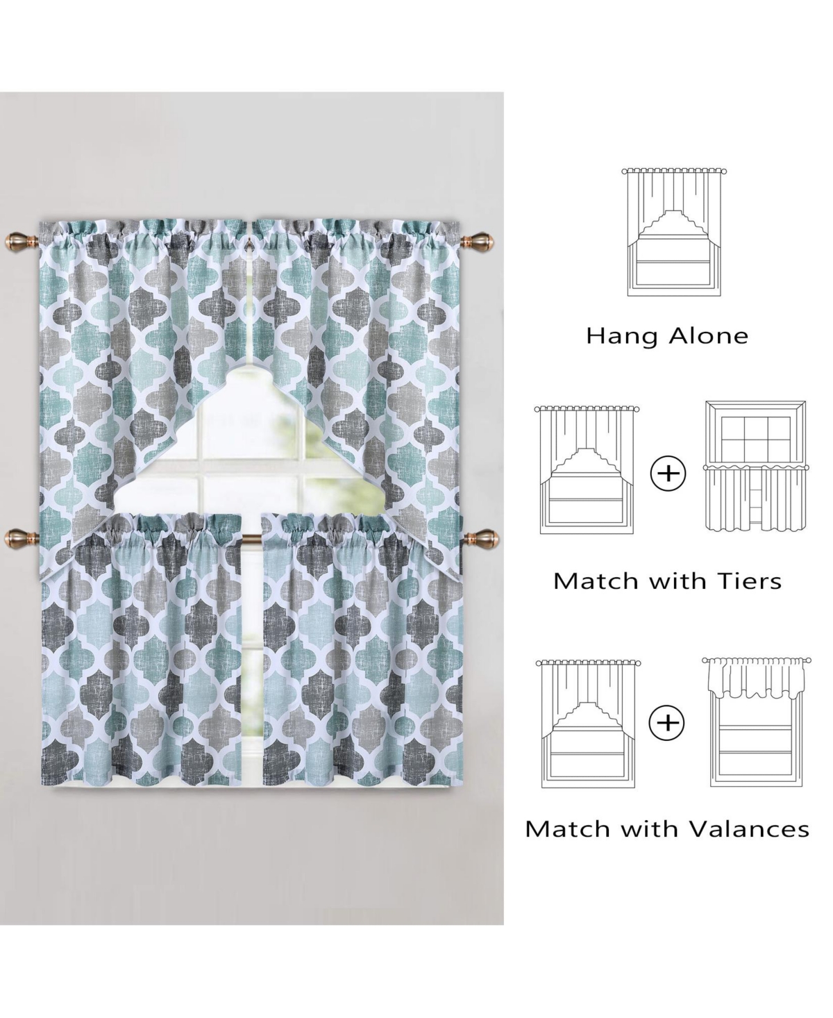 Geometric Quatrefoil Cotton Blend Kitchen Swag Valance Curtain Pair, 56" x 36" - Navy/blue/grey