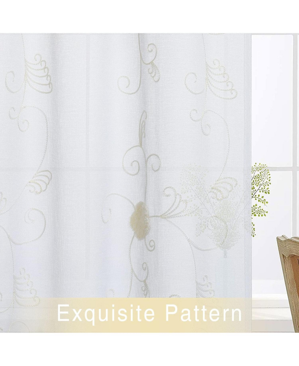 Caromio Floral Embroidered Voile Sheer Kitchen Tier Curtain Pair, 52