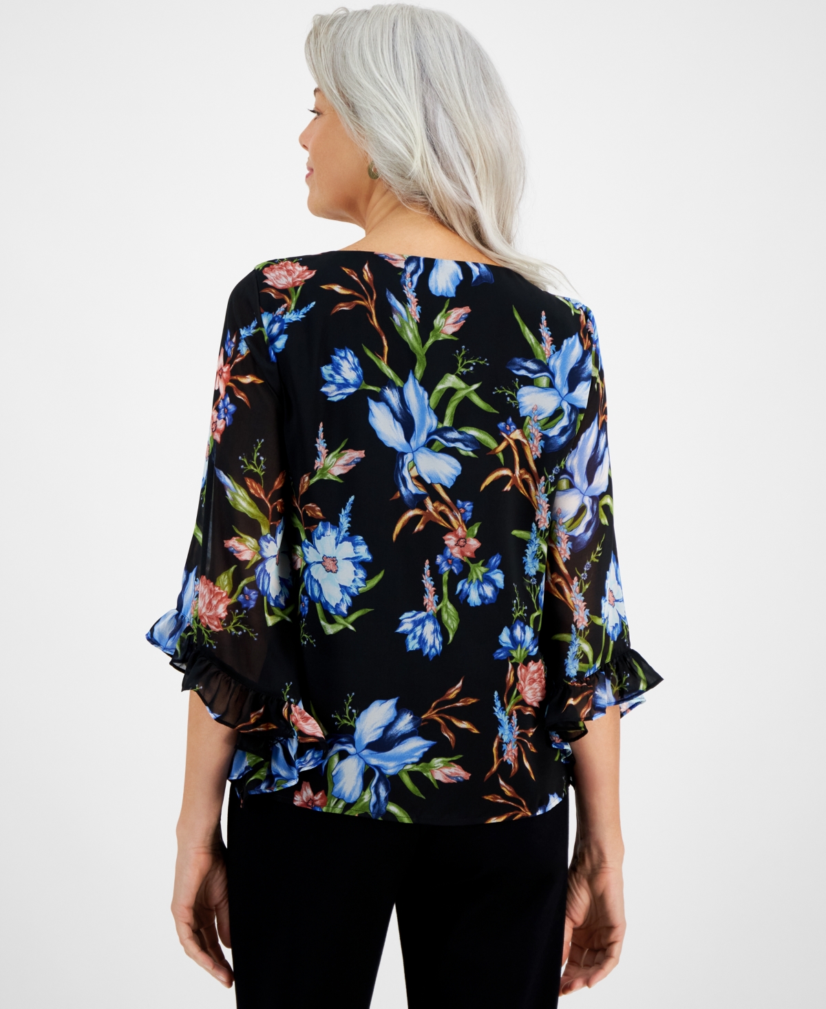 Jm Collection Women's Printed Ruffle Trim Necklace Top, Created for Macy's
