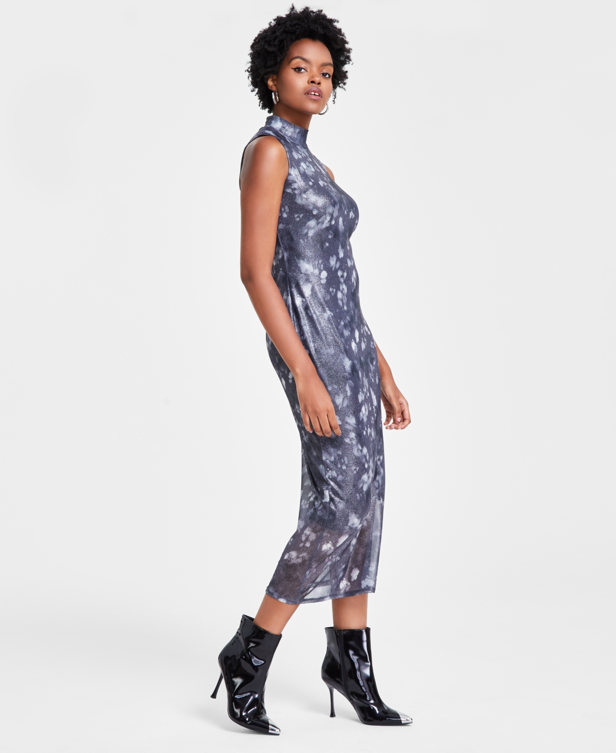 Bar Iii Women's Foil Mesh Mock Neck Sleeveless Midi Dress, Created for Macy's