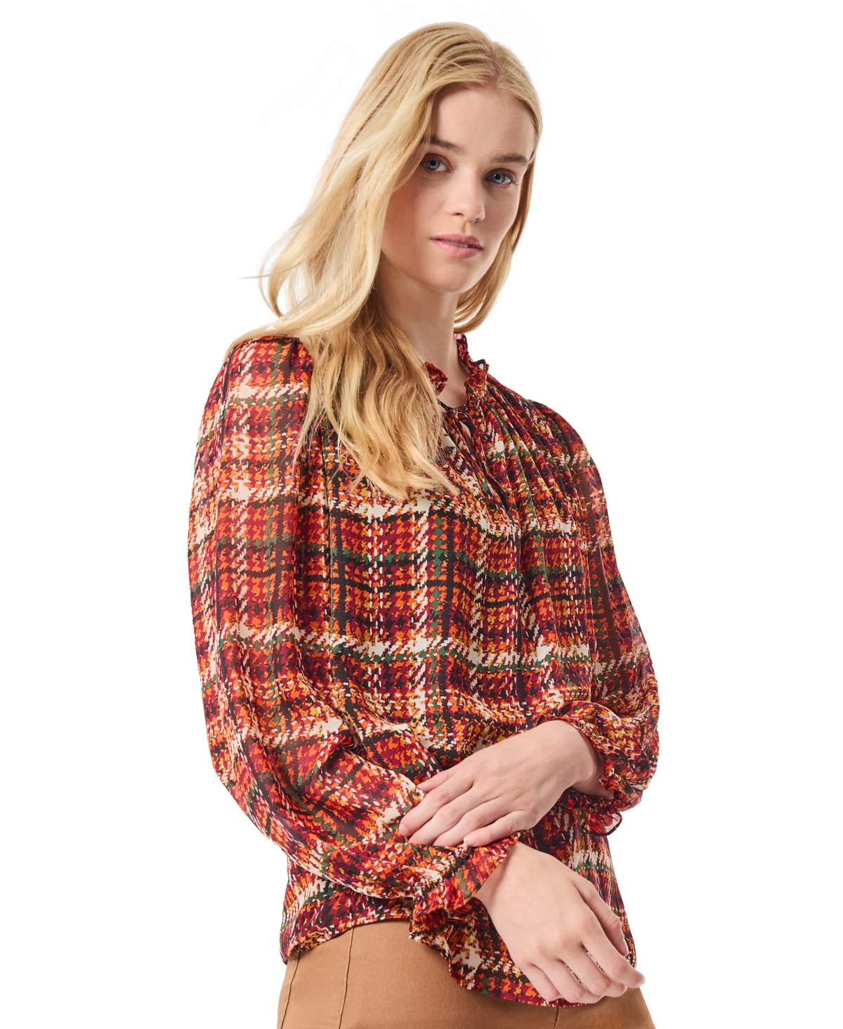 Jones New York Petite Ruffled-Neck Plaid-Print Top