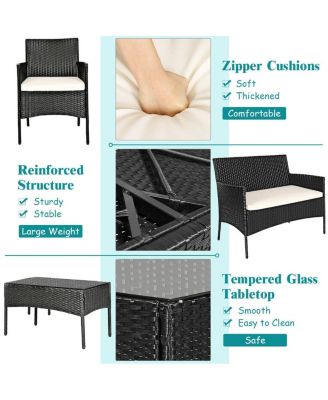 4 Pieces Patio Rattan Cushioned Conversation Sets with Tempered Glass Coffee Table