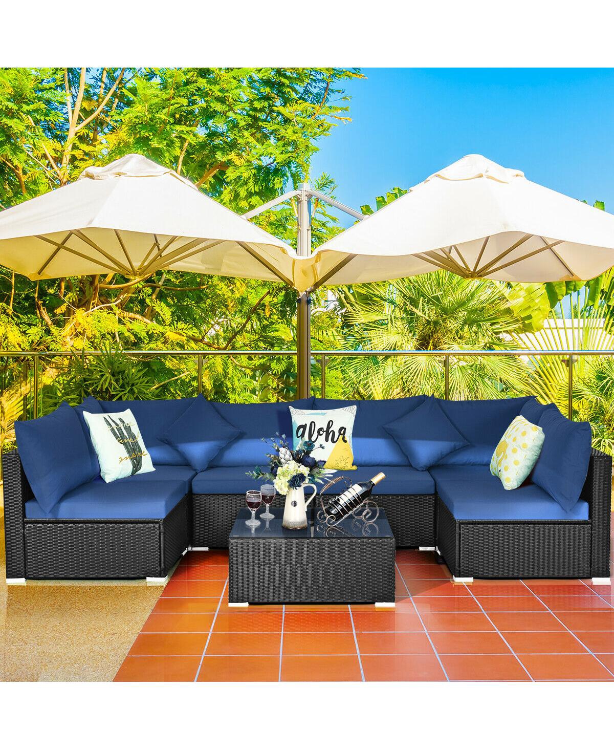 Sugift 7 Pieces Sectional Wicker Furniture Sofa Set with Tempered Glass Top-Navy