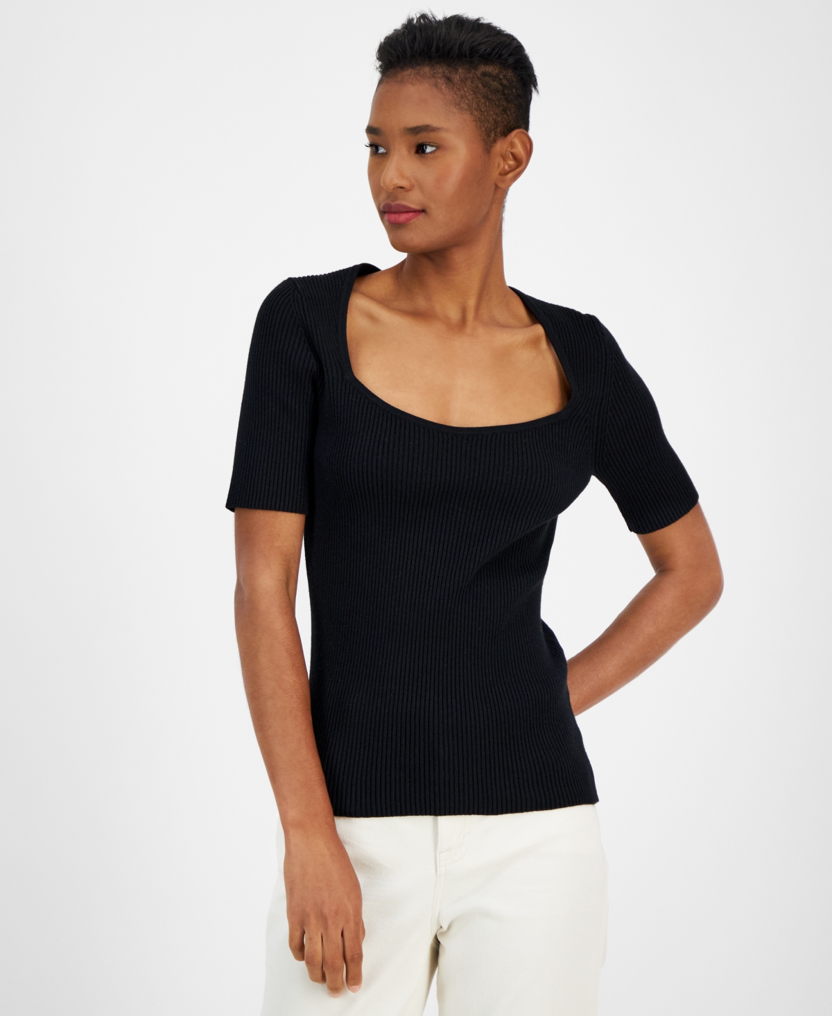Women's Faggio Ribbed Sweetheart-Neck Top - Black