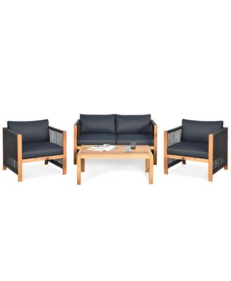 4 Pieces Acacia Wood Sofa Set with Cushions for Outdoor Patio-Grey