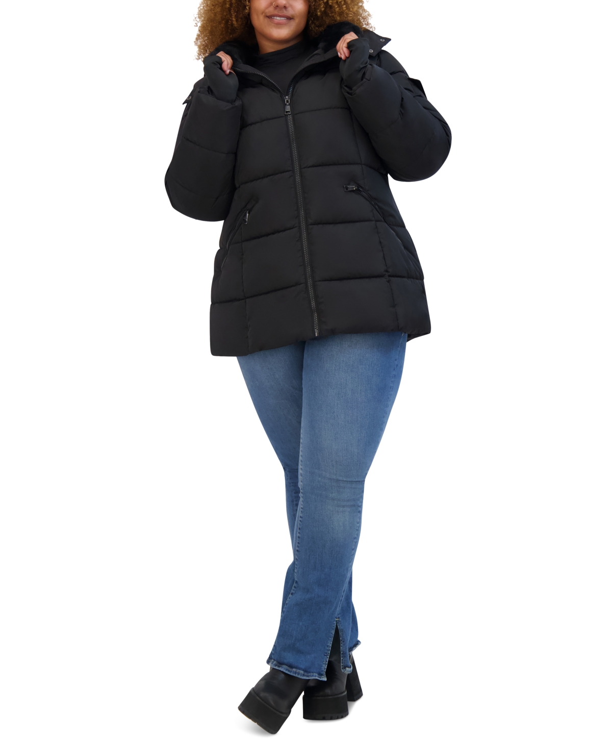 Steve Madden Plus Size Faux-Fur-Trim Hooded Puffer Coat