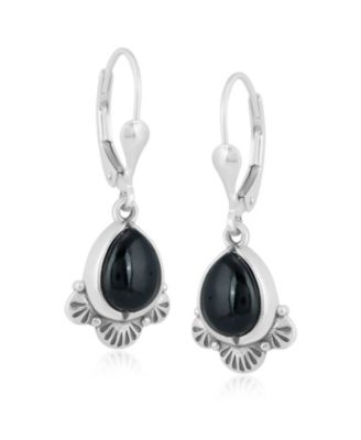 Sterling Silver and Pear Shape Black Onyx Gemstone Fan Lever Back Earrings