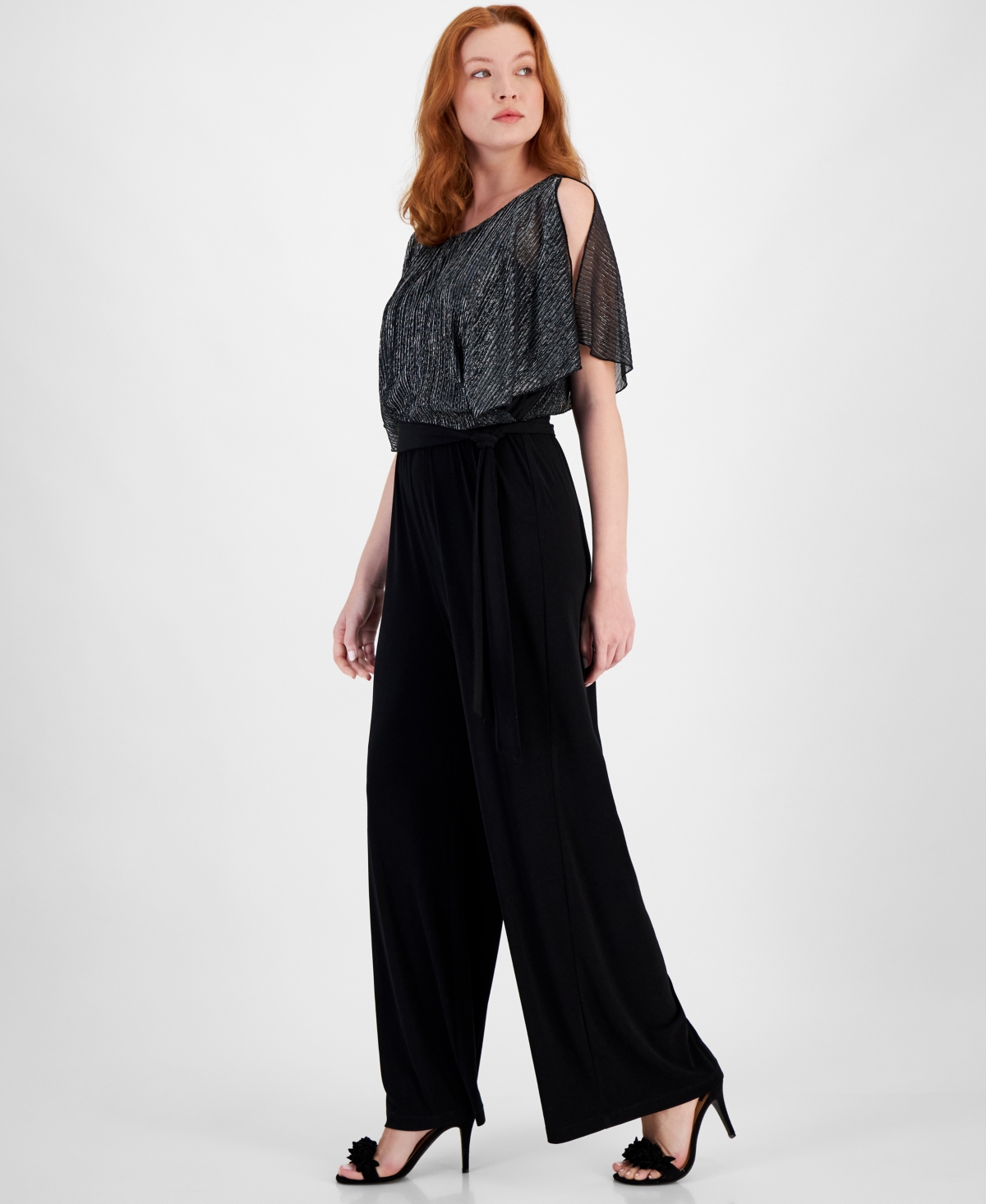 Connected Petite Metallic-Overlay Wide-Leg Jumpsuit -Silver