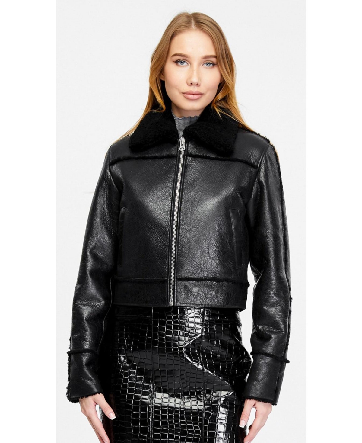 Women's Genuine Shearling Jacket, Silky Black Inner Black Wool - Black
