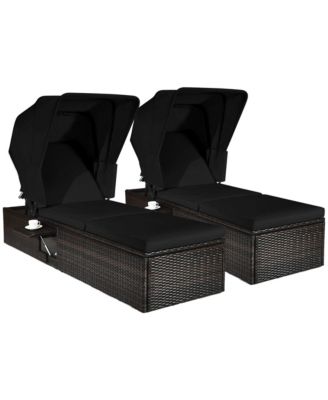 Set of 2 Rattan Patio Chaise Lounge Chair W/ Adjustable Canopy Black Cushion