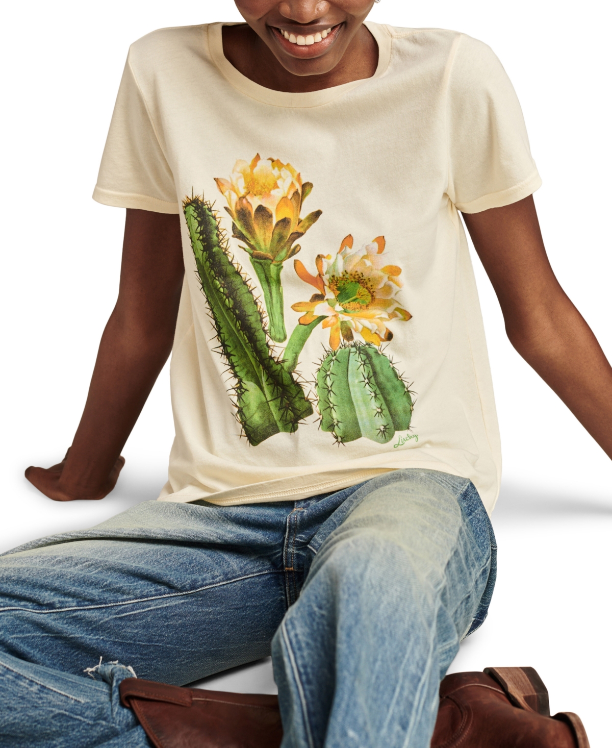 Lucky Brand Women's Cotton Watercolor Cactus Classic T-Shirt