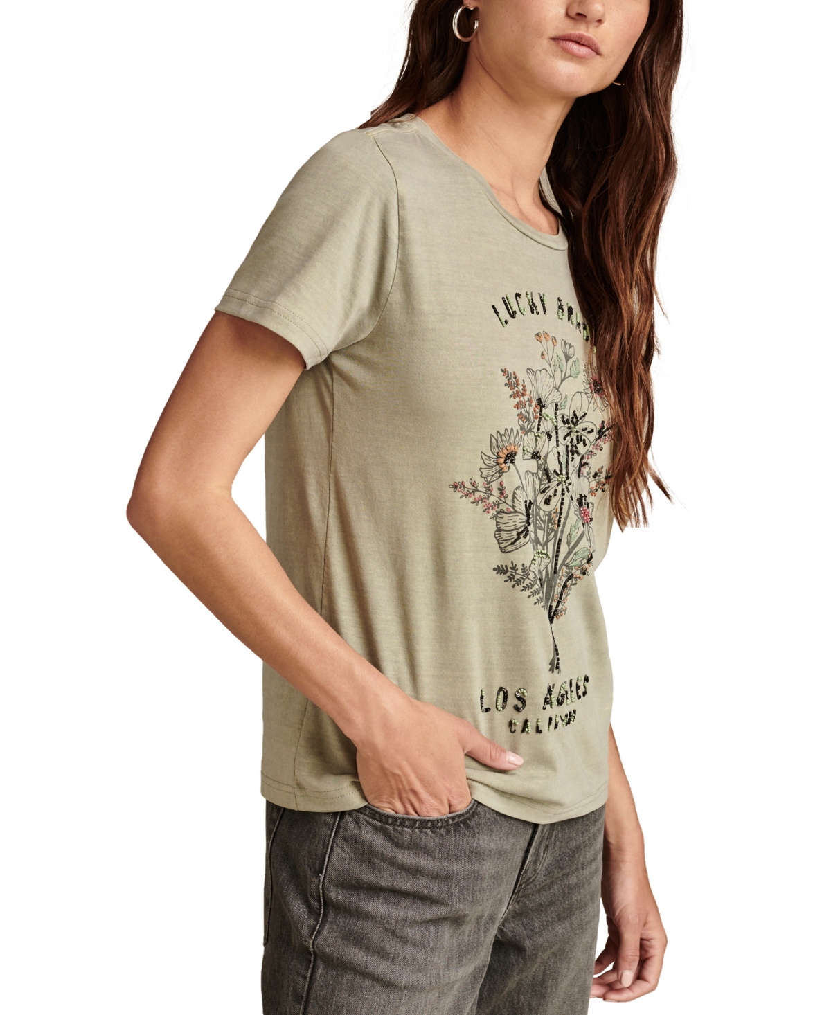 Lucky Brand Women's Cotton Embellished Floral Graphic T-Shirt