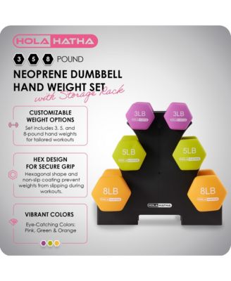 3, 5, and 8 Pound Dumbbell Hand Weight Set with Storage Rack, Multi