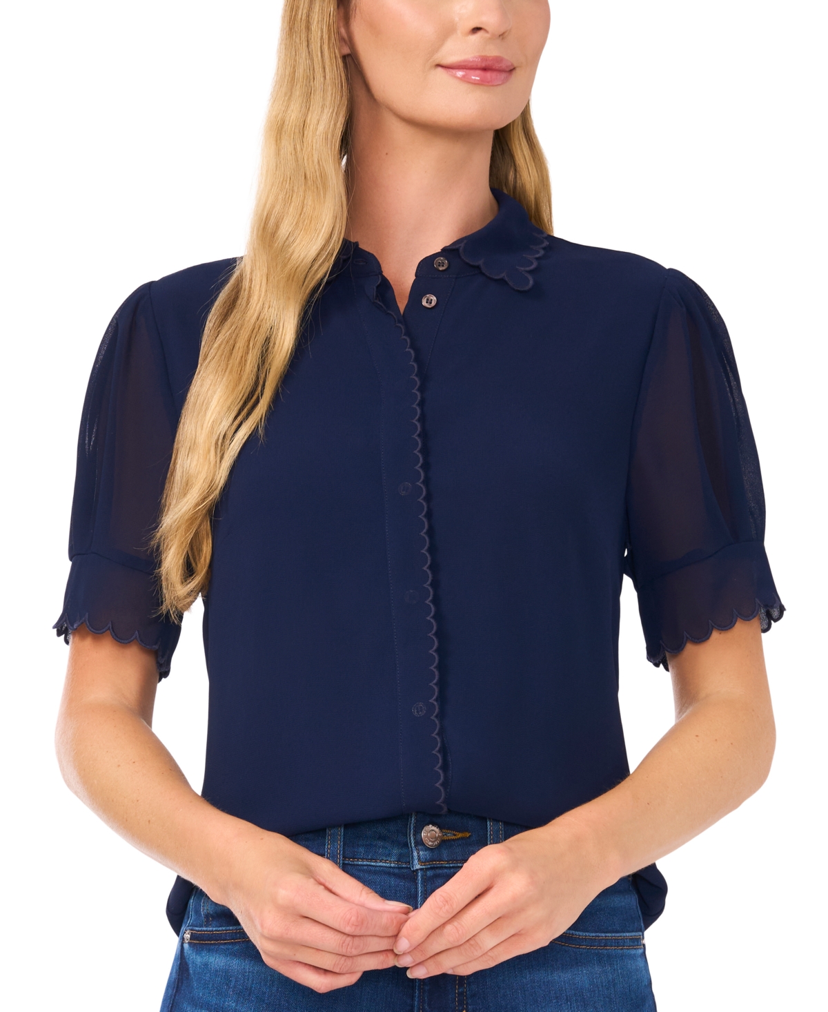 Cece Scallop Trim Button-up Shirt In Classic Navy