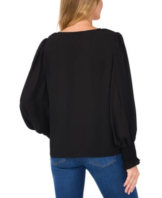 Women's Long-Sleeve Smocked-Cuff V-Neck Blouse