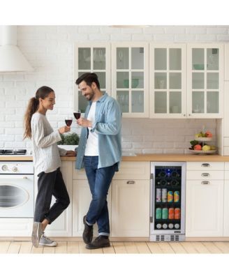 15" FlipShelf Wine and Beverage Refrigerator, Reversible Shelves Hold 80 Cans or 33 Bottles, Stainless Steel & Double-Layer Tempered Glass Door, Quiet Compressor Cooling, Compact Wine Cellar, Built-in Counter or Freestanding Fridge for Reds