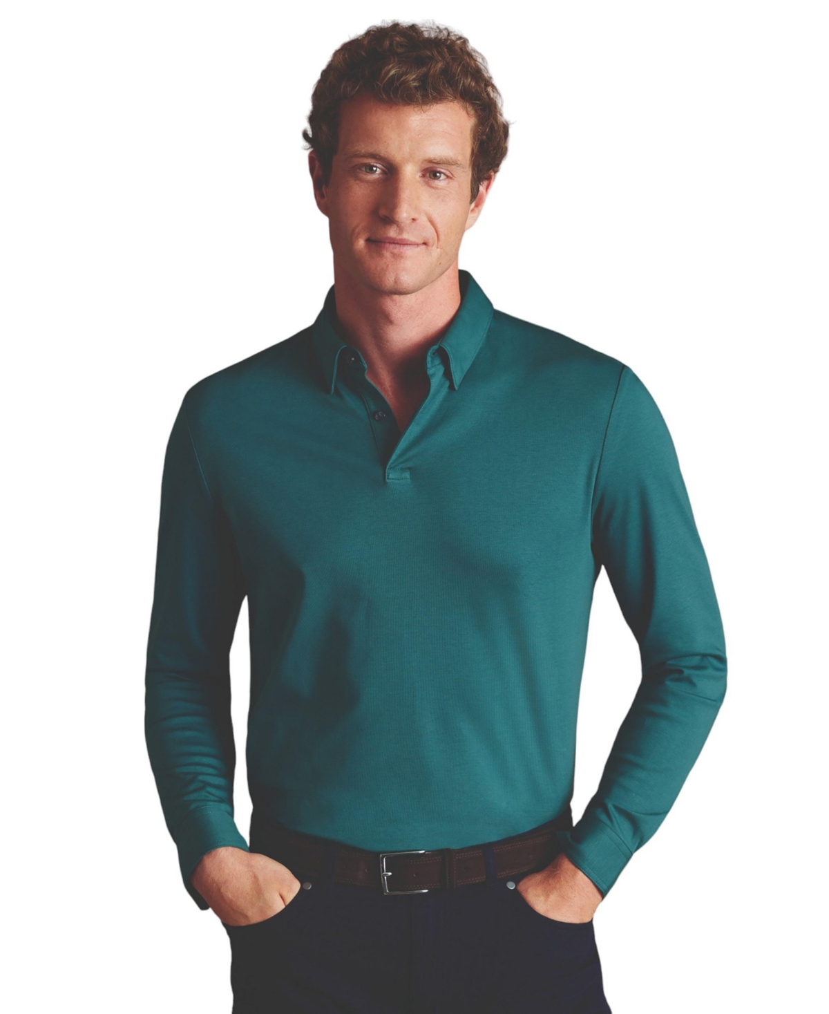 Men's Plain Long Sleeve Jersey Polo - Teal green