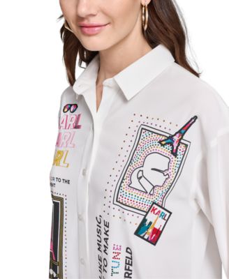 売れ筋商品|||カールラガーフェルド カットソー トップス レディース Petite Cotton Button-Front Embellished Shirt White KARL LAGERFELD PARIS Petite Embellished Printed Long-Sleeve