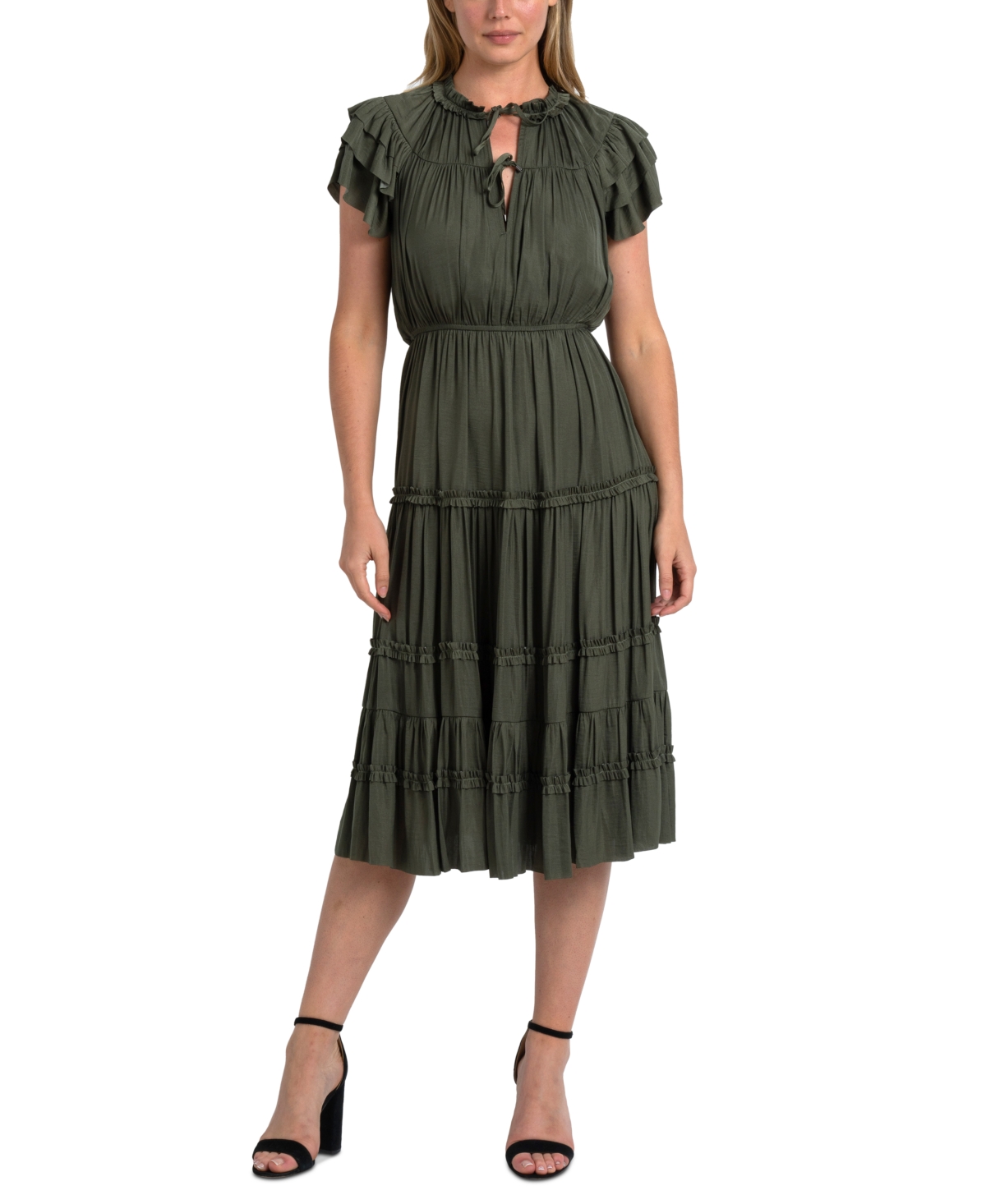 SAM EDELMAN WOMEN'S RUFFLE FLUTTER-SLEEVE MIDI DRESS 