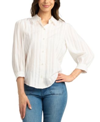 Juniors Woven Stripe 3 4 Puff Sleeve Blouse