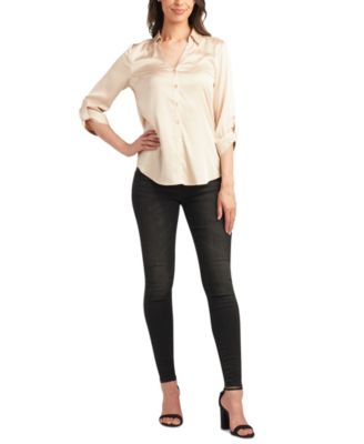 BCX - Juniors' Satin Roll-Tab-Sleeve Button-Down Blouse