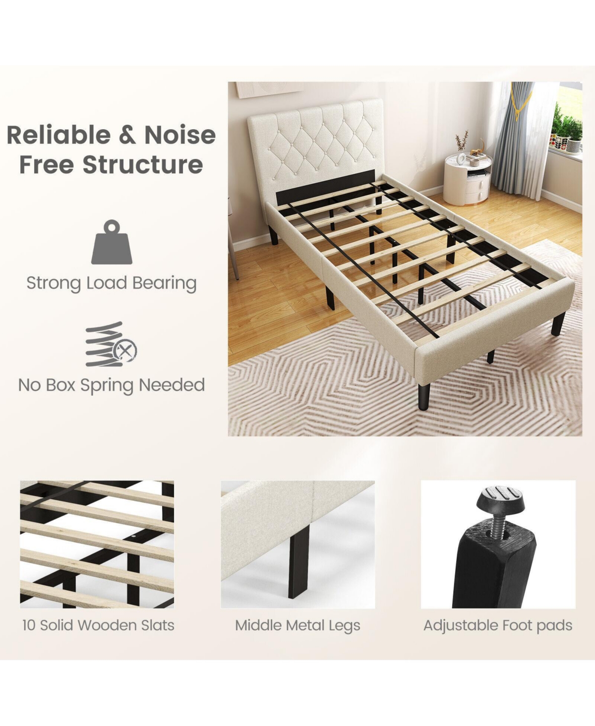 Slickblue Twin Size Upholstered Platform Bed with Button Tufted Headboard- Beige