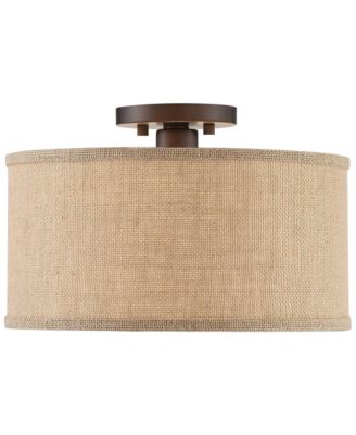 Adams Modern Ceiling Light Semi Flush Mount Fixtures 14" Wide Set of 2 Bronze Burlap Fabric Drum Shade for Bedroom Kitchen Living Room