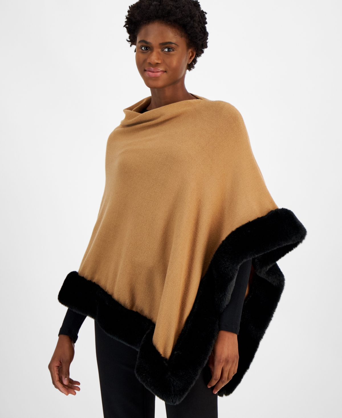 Anne Klein Women s Faux Fur Trim Poncho Cape Vicuna Anne Black Smart Closet